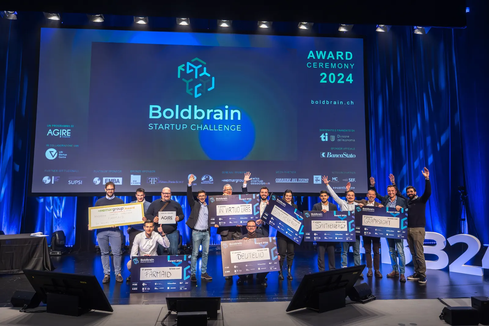 Boldbrain Startup Challenge finalists and winners on stage at the 2024 award ceremony in Lugano